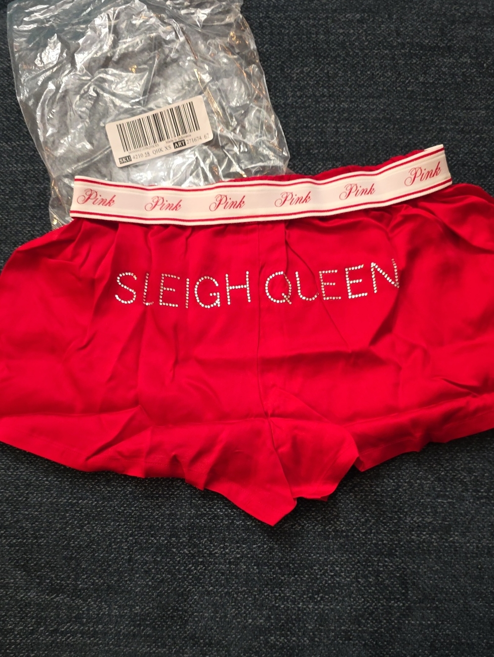 PINK Victoria's Secret Red 'Sleigh Queen' Rhinestone Logo Satin Sleep Shorts